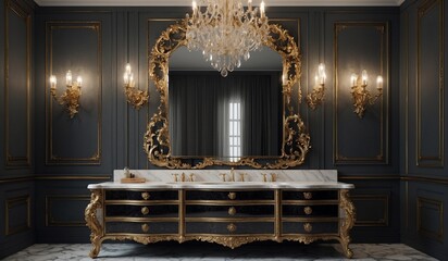 Baroque bathroom vanity with ornate gold mirror frame.