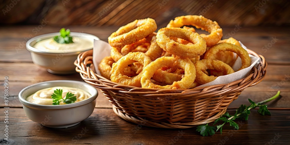 Sticker Crispy onion rings in a basket with zesty dipping sauce , crispy, onion rings, basket, zesty, dipping sauce, appetizer, snack