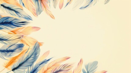 Fototapeta premium Feather round composition on light yellow background Summer design