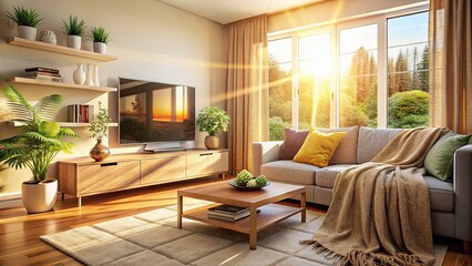 Fototapeta premium Cozy living room with warm sunlight, comfortable couch, soft blankets, and modern TV , cozy, living room, warm sunlight
