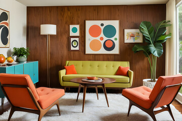 Obraz premium Embrace the retro-chic style of a mid-century modern living room. This photo features iconic furniture, vibrant decor, and a cohesive design that captures the essence of mid-century aesthetics