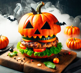 Halloween party burger in the shape of a scary pumpkin on a wooden board, white smoke background, pulsed light.