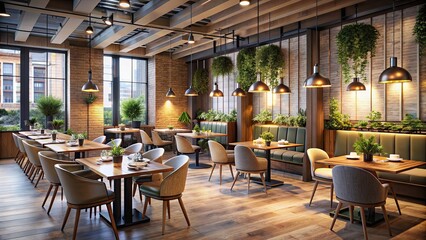 Fototapeta premium Cozy interior of a modern restaurant, restaurant, interior, cozy, modern, elegant, design, decor, dining, furniture