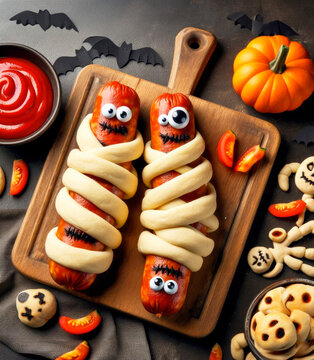 Naklejki Scary sausage mummies in dough with funny eyes on the table, ketchup in a bowl. Halloween food.