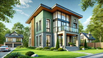 A realistic modern house with green siding and large windows