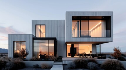 An elegant two-story home featuring large windows, modern cubic design elements, and warm interior lighting, surrounded by a minimalist desert landscape under dusk sky.