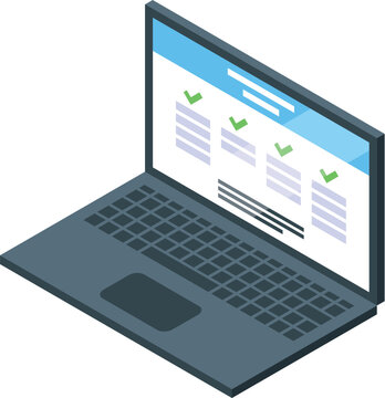 Isometric laptop showing checklist on screen for online survey, exam, or testing app