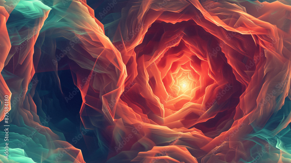 Poster fractal tunnel in orange and teal with abstract background leading to the light