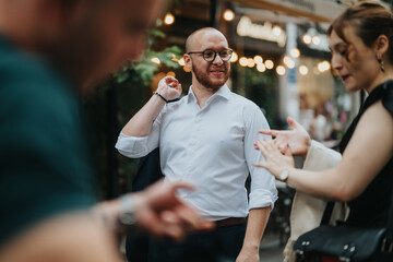 Creative business people brainstorming project ideas, discussing solutions, and networking outdoors. Teamwork and collaboration for marketing, sales, or business growth.