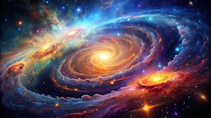 Obraz premium Galaxies swirling amidst colorful gas and dust, depicting the birth of a star, galaxies, stars, birth, space