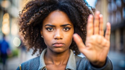 Close up of African American woman showing stop gesture with face blurred background, young female protesting against domestic violence and abuse, bullying, saying no to gender discrimination, 