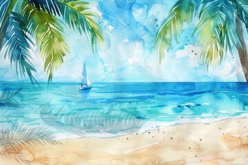 Obraz premium Watercolor painting of a serene tropical beach with palm trees and a sailboat on the ocean under a blue sky.