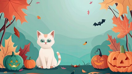 A flat illustration of Cat flat design front view Halloween theme cartoon drawing colored pastel