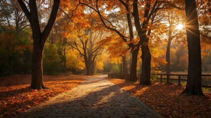 Fototapeta premium Stone pathway through forest in the fall, Autumn, Serene, Nature in the daytime.