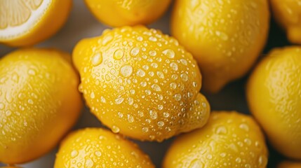 This image gives a detailed view of vibrant yellow lemons, adorned with water droplets, showcasing their fresh and juicy look, ideal for culinary uses.