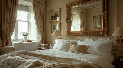 Elegant Bedroom Reflection in Vintage Gold-Framed Mirror | Classic Design and Attention to Detail