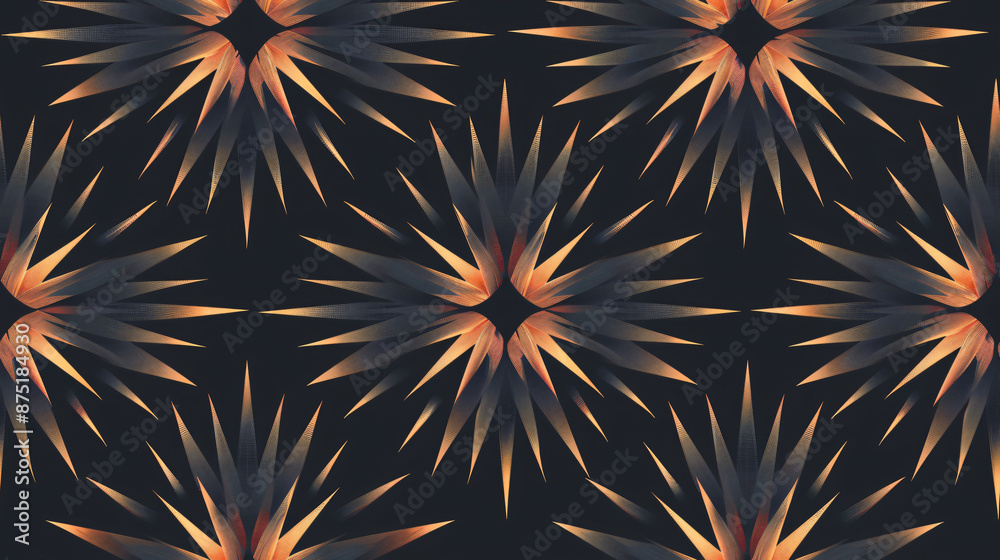 Fototapete Abstract geometric pattern with sharp spikes creating star shapes and a gradient color scheme against a dark backdrop