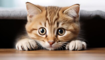 Adorable kitten peeking out from beneath a blanket with wide curious eyes, lying on a wooden floor and looking playful.