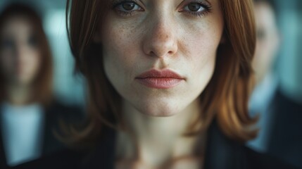 A determined woman with an intense gaze stands confidently in a business suit, emphasizing strength and resilience amidst her focused colleagues in a modern office setting.