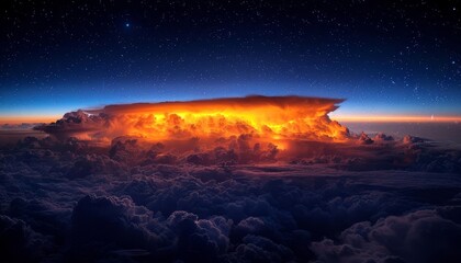 Naklejka premium Stunning photograph of a vibrant thunderstorm cloud illuminated by dramatic lightning at twilight beneath a starry sky.