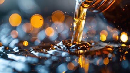 Image of a golden liquid being poured from a bottle, featuring vibrant sparkling highlights and an engaging bokeh background, creating a sense of richness and delight.