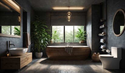 Modern bathroom with wooden bathtub and greenery
