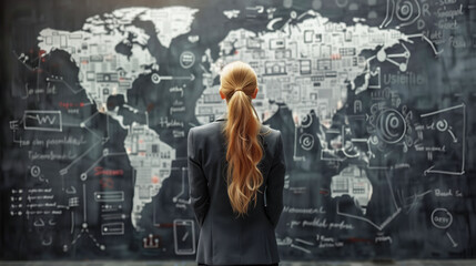 Office woman in black suit thinking about a business plan drawing