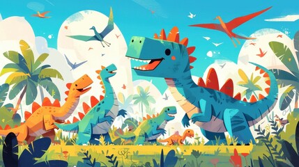 Playful Dinosaur Friends in a Lush Prehistoric Landscape