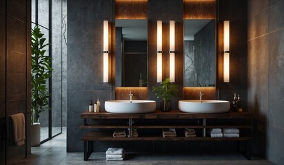 Dark bathroom with double sinks and vertical lighting