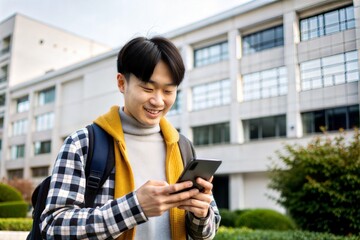 Fototapeta premium Asian Student Using Smartphone on Campus 