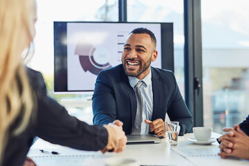 Business, meeting and hand shake or happy people in office, teamwork and collaboration with employee. Thank you, company negotiation and gesture for onboarding, statistical analyst and job agreement
