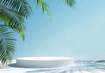 Obraz premium 3d rendering of white minimal podium with palm leaves on background.