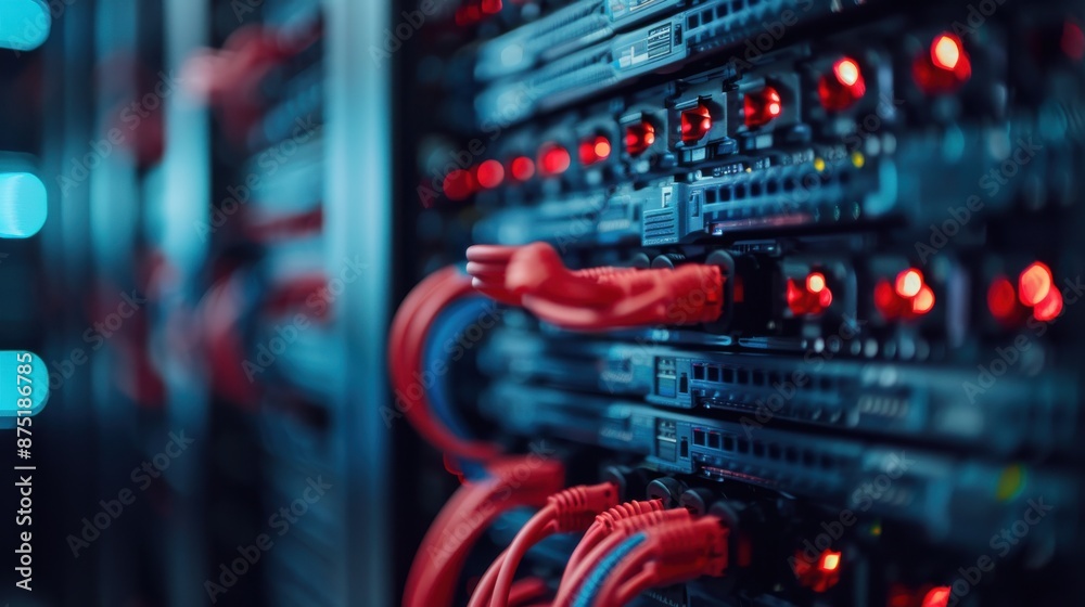 Poster Well-organized network cables in a data center, distinguished with red highlights, exemplifying the systematic approach to managing and networking digital information.
