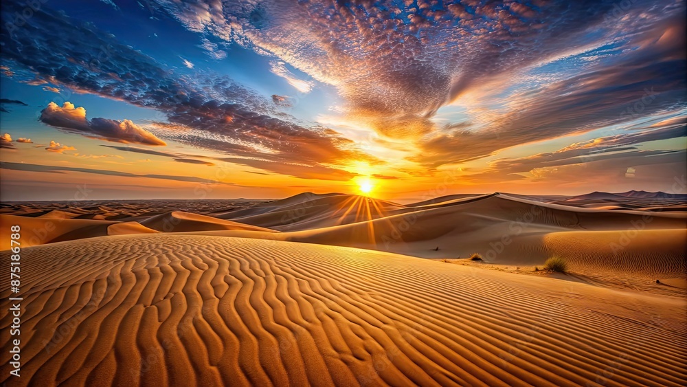 Wall mural Expansive desert with tall sand dunes and vivid sunset , desert, sand dunes, sunset, sky, landscape, nature, arid