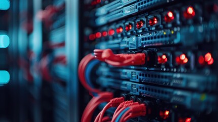 Well-organized network cables in a data center, distinguished with red highlights, exemplifying the systematic approach to managing and networking digital information.