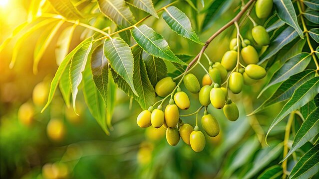 Fresh neem fruit on tree with leaf on nature background, neem, fruit, tree, leaf, natural, medicinal, Azadirachta indica