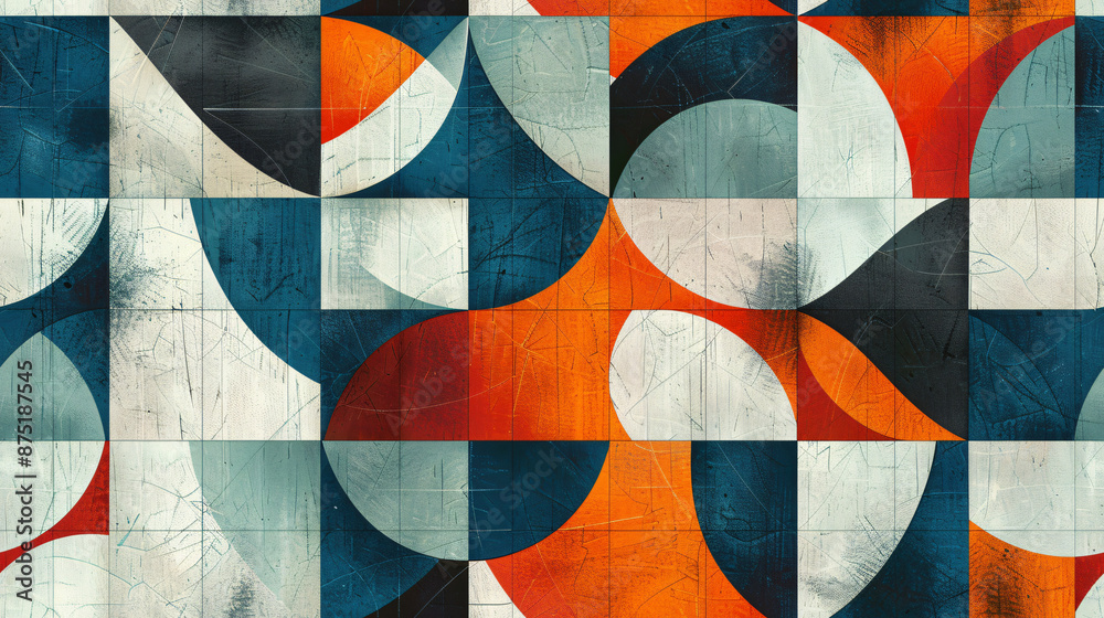 Poster Dynamic composition of circles and squares in orange, blue, red, and white is creating an abstract geometric pattern