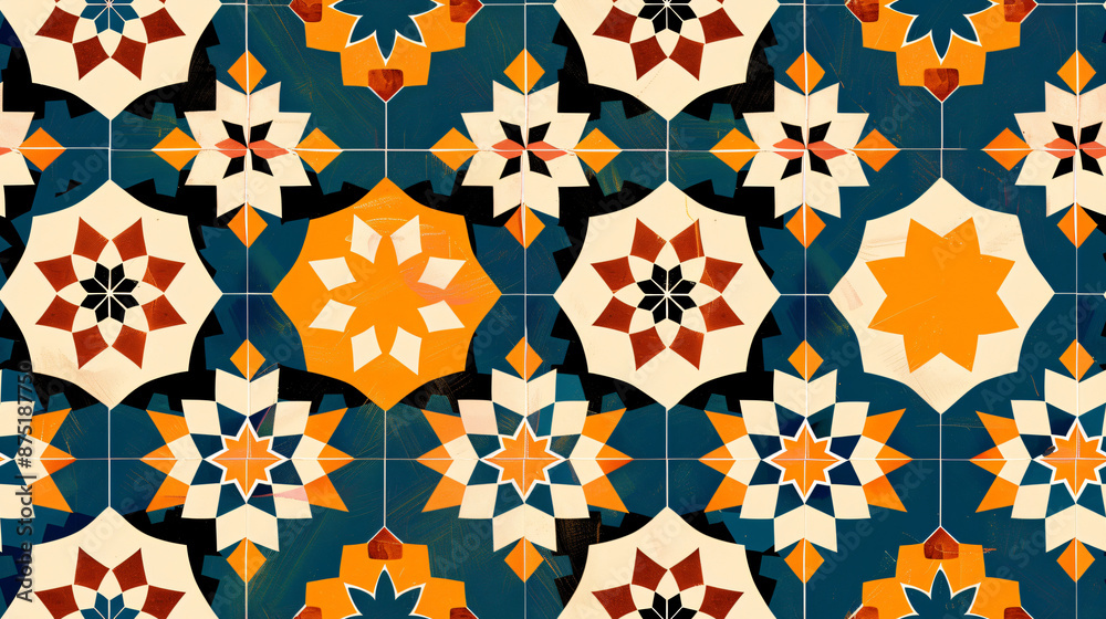 Poster Seamless ceramic tile design with colorful geometric pattern, perfect for adding a touch of elegance to any project