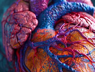 Abstract Artistic Representation of a Human Heart with Vivid Veins and Colorful Textures