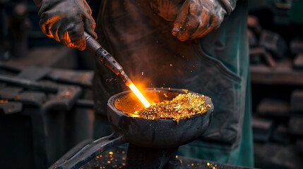 Goldsmith inspecting purity of molten gold with crucible and torch in workshop