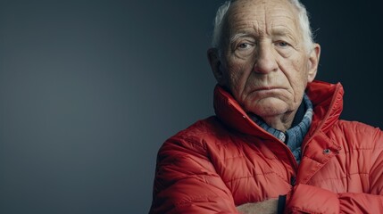 Obraz premium Close-up of an elderly man looking proud, arms crossed, wearing a red jacket, standing in front of a grey background, Portrait close-up, hyper-realistic, high detail, photorealistic, studio lighting,