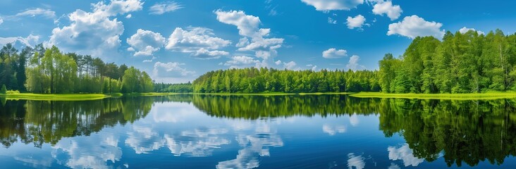 panoramic view of forest lake with blue sky and clouds