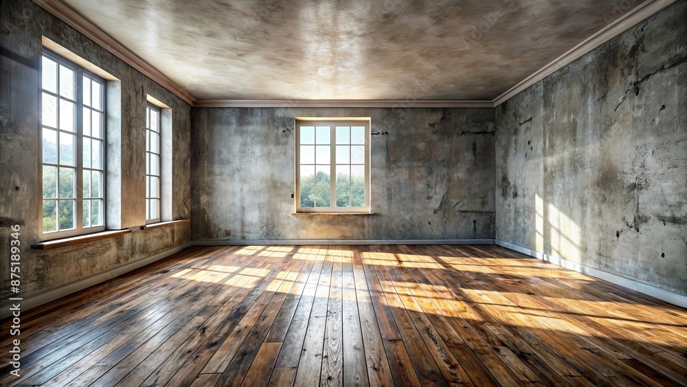 Poster Empty room with worn wooden floor , interior, empty, room, wood, floor, wooden, minimalist, spacious, vacant, blank, clean