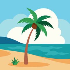 Tropical Beach Scene Sandy Shore and Swaying Palm Tree Vector