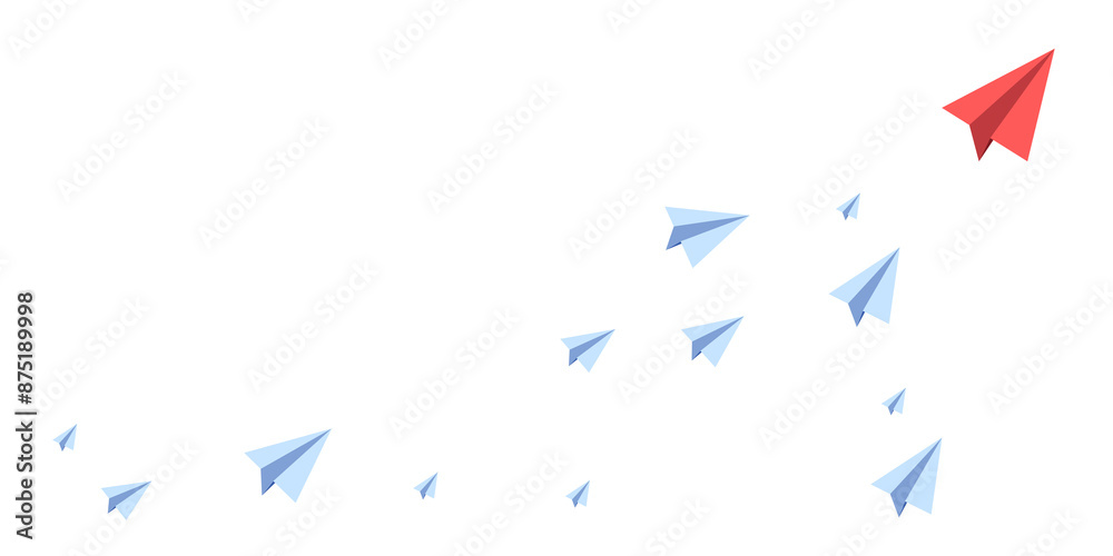 Aufkleber red paper airplane leading a group of blue paper planes on a white background, concept of leadership