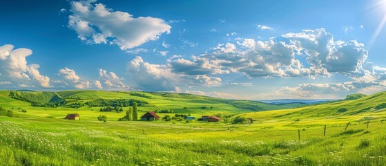 Obraz premium Landscape of a Green Grassland under the Blue Sky