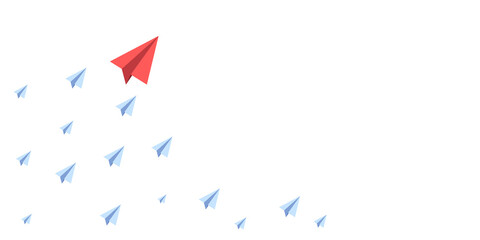 Red paper plane leading blue ones on white background, depicting leadership or uniqueness concept. 3D Rendering