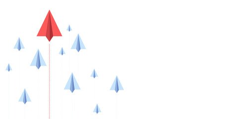 Red paper plane leading blue paper planes on white background, leadership concept. 3D Rendering