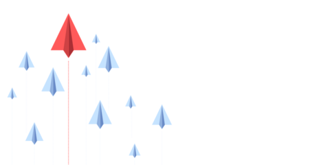 Red paper plane leading blue paper planes on white background, leadership concept. 3D Rendering