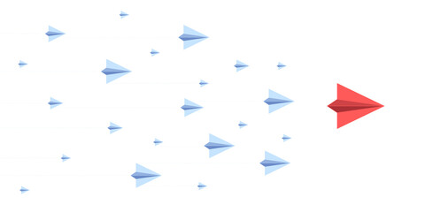 Red and blue paper planes on a white background, flat graphic style, concept of leadership or...